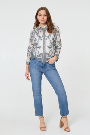 Grey | Leaf Embroidered Semi Sheer Lace Shirt

