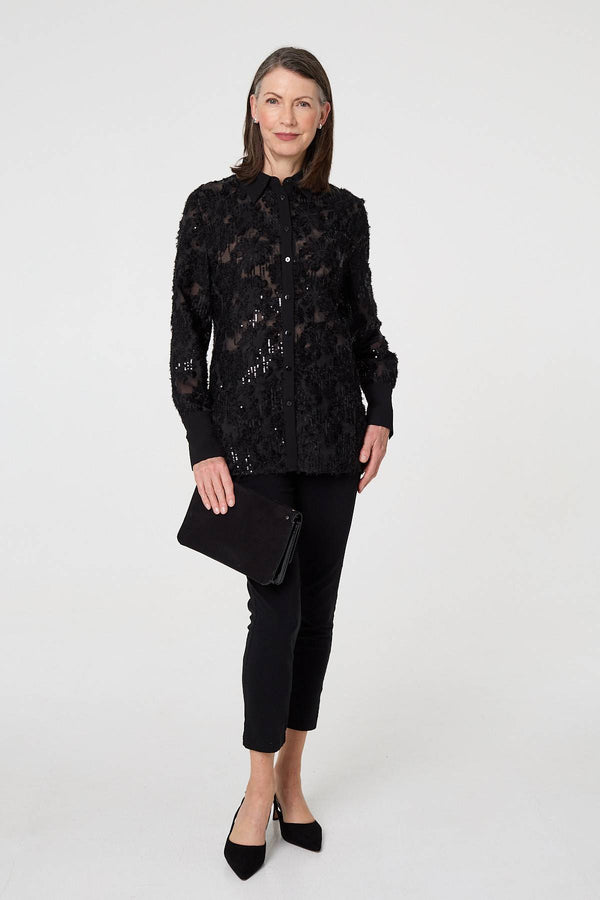 Black | Floral Sequin Lace Long Sleeve Shirt
