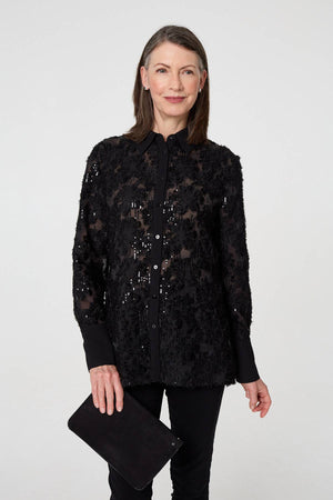 Black | Floral Sequin Lace Long Sleeve Shirt : Model is 5'8