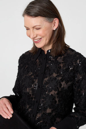 Black | Floral Sequin Lace Long Sleeve Shirt
