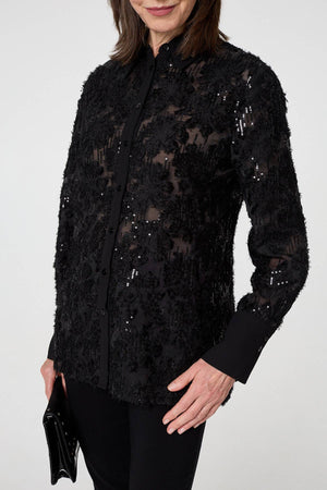Black | Floral Sequin Lace Long Sleeve Shirt
