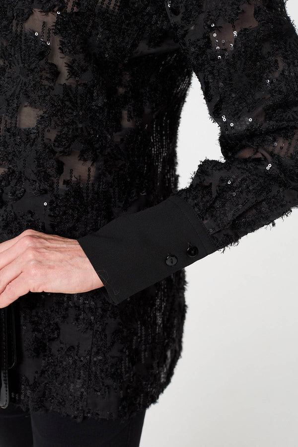 Black | Floral Sequin Lace Long Sleeve Shirt
