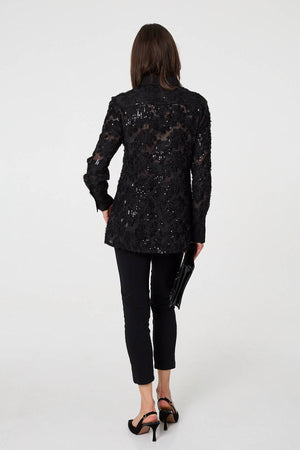 Black | Floral Sequin Lace Long Sleeve Shirt
