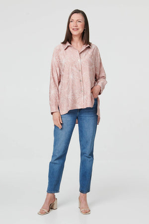 Pink | Leaf Print Long Sleeve Curve Hem Shirt