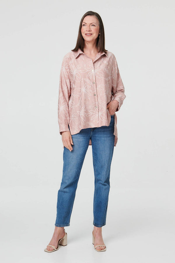 Pink | Leaf Print Long Sleeve Curve Hem Shirt