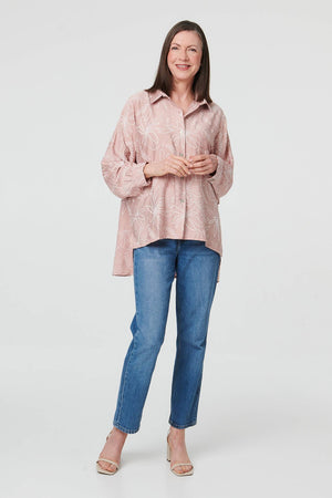 Pink | Leaf Print Long Sleeve Curve Hem Shirt