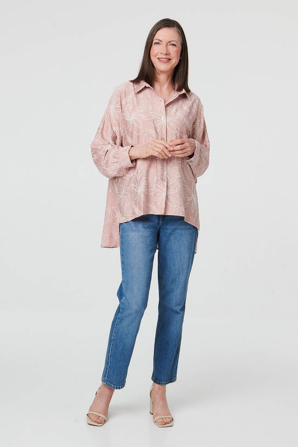 Pink | Leaf Print Long Sleeve Curve Hem Shirt