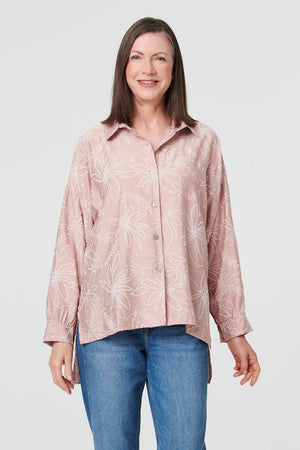 Pink | Leaf Print Long Sleeve Curve Hem Shirt