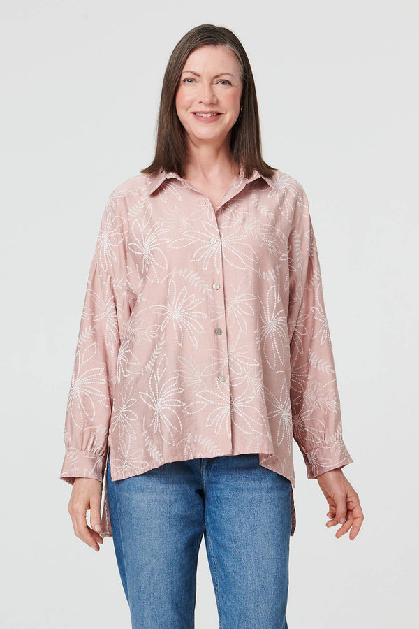 Pink | Leaf Print Long Sleeve Curve Hem Shirt