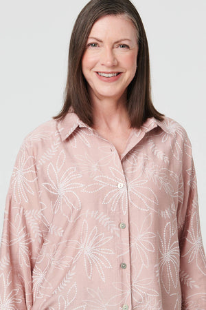 Pink | Leaf Print Long Sleeve Curve Hem Shirt