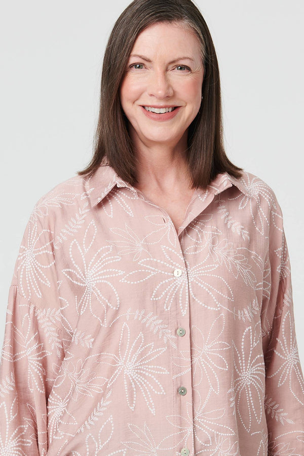Pink | Leaf Print Long Sleeve Curve Hem Shirt