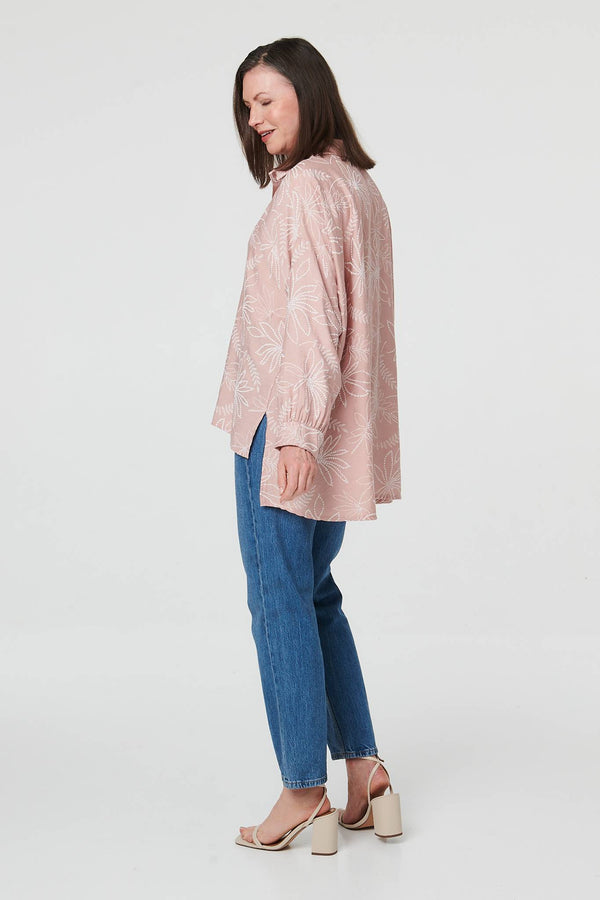 Pink | Leaf Print Long Sleeve Curve Hem Shirt