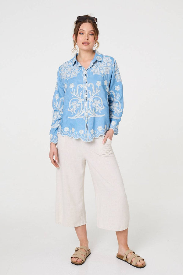 Blue | Embroidered Texture Scalloped Hem Shirt
