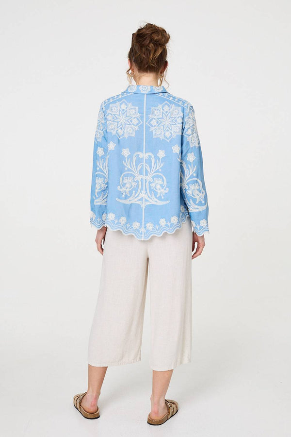 Blue | Embroidered Texture Scalloped Hem Shirt
