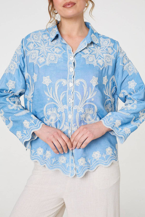Blue | Embroidered Texture Scalloped Hem Shirt
