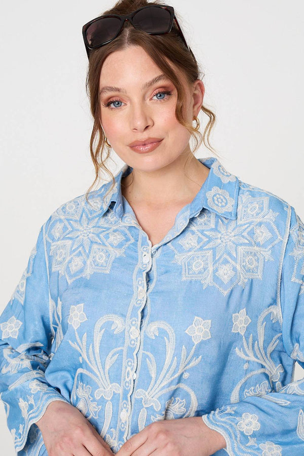 Blue | Embroidered Texture Scalloped Hem Shirt
