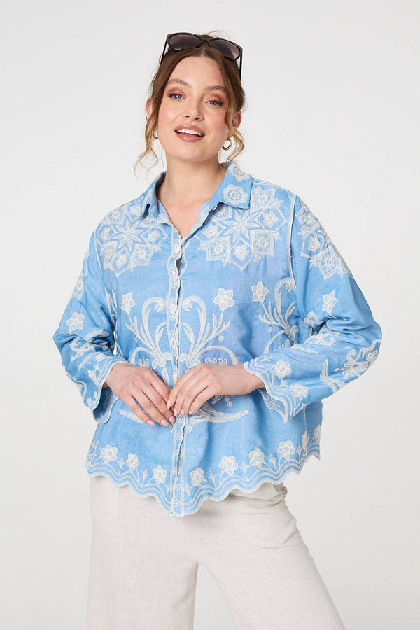 Blue | Embroidered Texture Scalloped Hem Shirt
