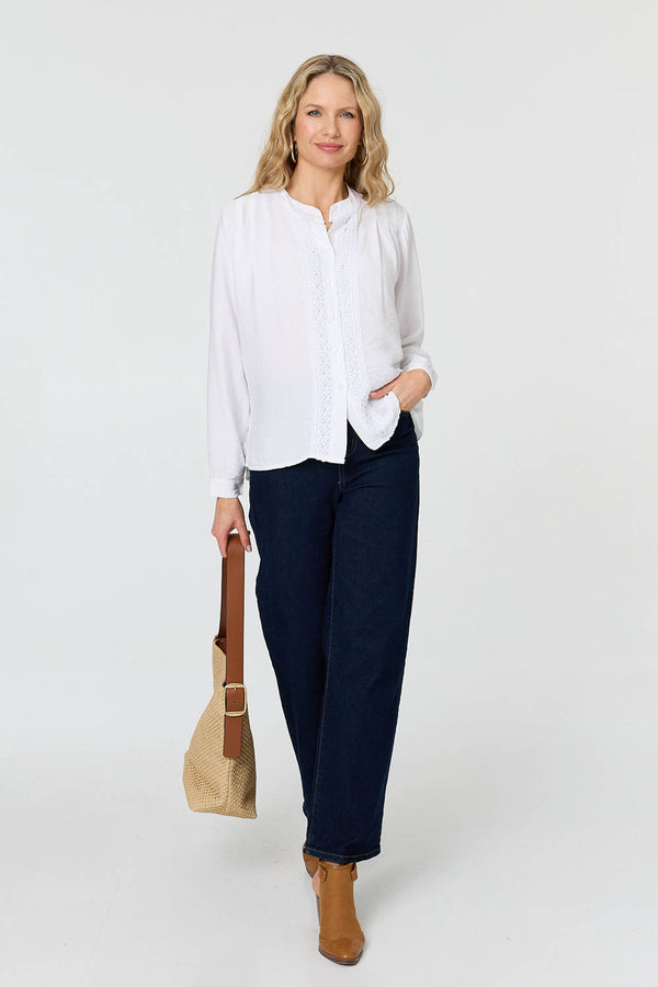 White | Lace Trim Long Sleeve Relaxed Blouse