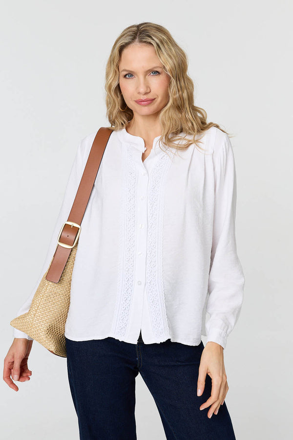 White | Lace Trim Long Sleeve Relaxed Blouse