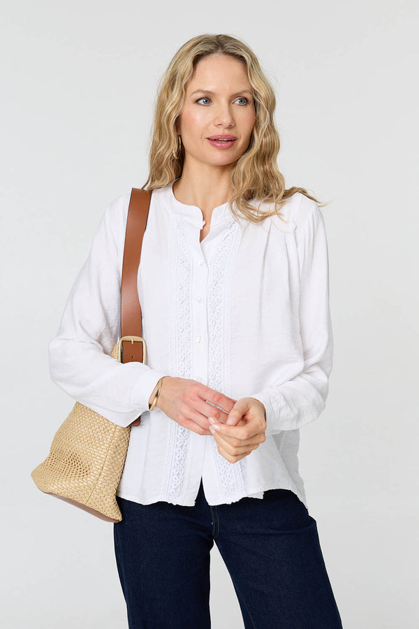 White | Lace Trim Long Sleeve Relaxed Blouse