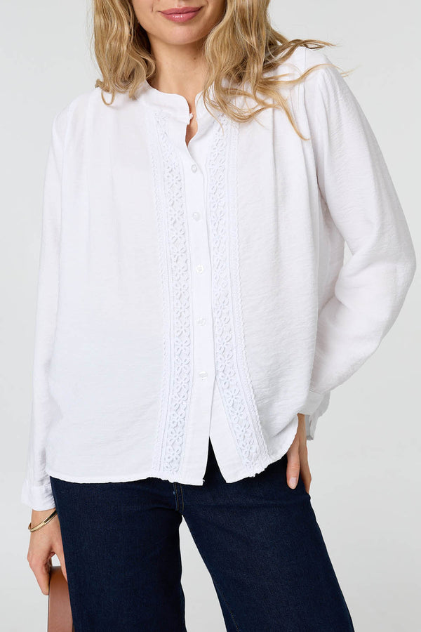 White | Lace Trim Long Sleeve Relaxed Blouse
