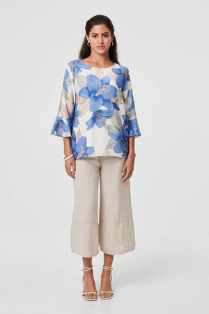 Blue | Floral 3/4 Flared Sleeve Relaxed Blouse
