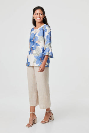 Blue | Floral 3/4 Flared Sleeve Relaxed Blouse
