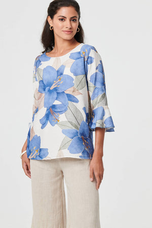 Blue | Floral 3/4 Flared Sleeve Relaxed Blouse
