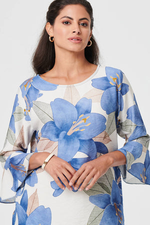 Blue | Floral 3/4 Flared Sleeve Relaxed Blouse
