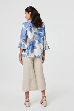 Blue | Floral 3/4 Flared Sleeve Relaxed Blouse
