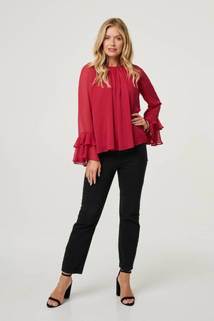 Red | Semi Sheer Long Sleeve Ruffled Blouse
