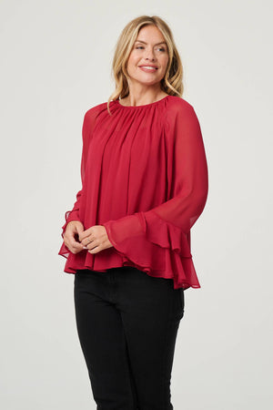 Red | Semi Sheer Long Sleeve Ruffled Blouse
