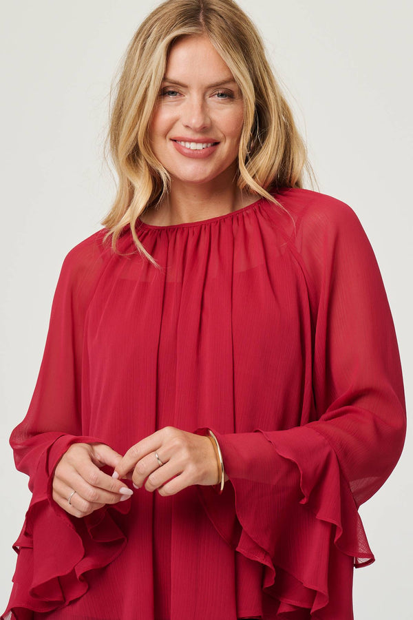 Red | Semi Sheer Long Sleeve Ruffled Blouse
