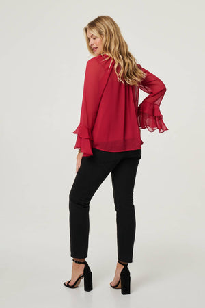 Red | Semi Sheer Long Sleeve Ruffled Blouse
