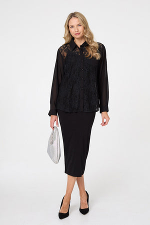 Black | Floral Lace Semi Sheer Long Sleeve Shirt
