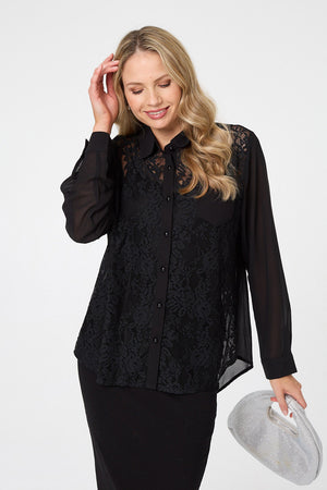 Black | Floral Lace Semi Sheer Long Sleeve Shirt
