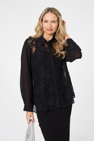 Black | Floral Lace Semi Sheer Long Sleeve Shirt
