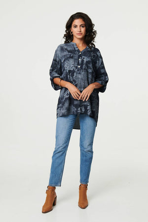 Navy | Floral 3/4 Sleeve Relaxed Blouse
