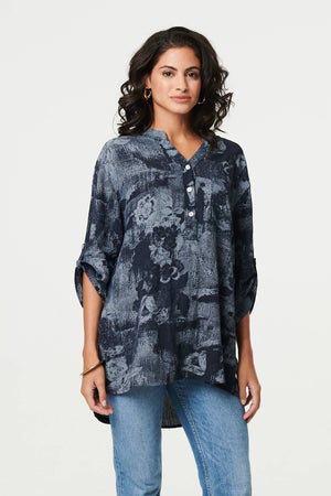 Navy | Floral 3/4 Sleeve Relaxed Blouse
