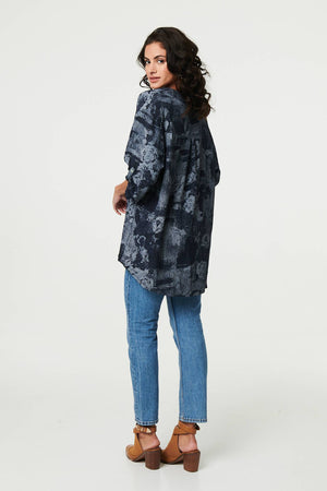 Navy | Floral 3/4 Sleeve Relaxed Blouse

