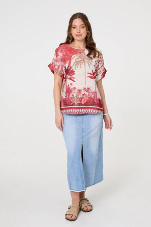 Red | Tropical Print 1/2 Sleeve Relaxed Top
