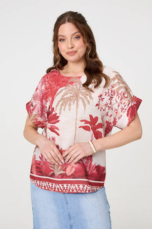 Red | Tropical Print 1/2 Sleeve Relaxed Top
