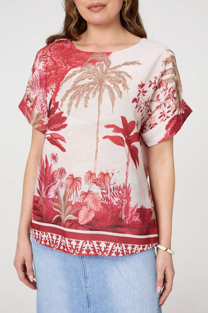 Red | Tropical Print 1/2 Sleeve Relaxed Top
