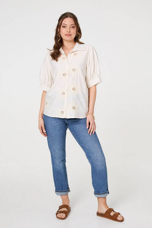 Cream | Floral Embroidered Puff Sleeve Blouse
