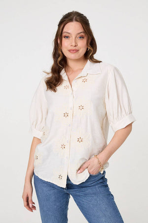 Cream | Floral Embroidered Puff Sleeve Blouse
