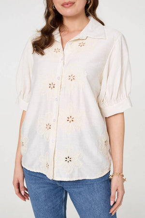 Cream | Floral Embroidered Puff Sleeve Blouse
