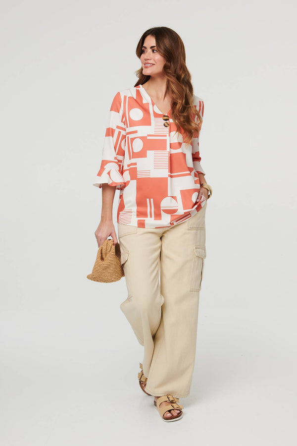 Orange | Geo Print 3/4 Flared Sleeve Blouse