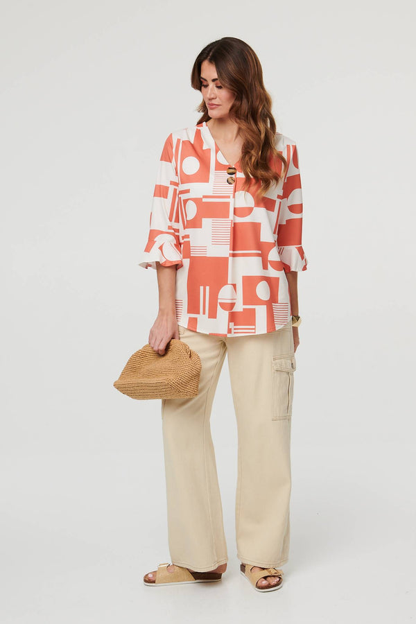 Orange | Geo Print 3/4 Flared Sleeve Blouse