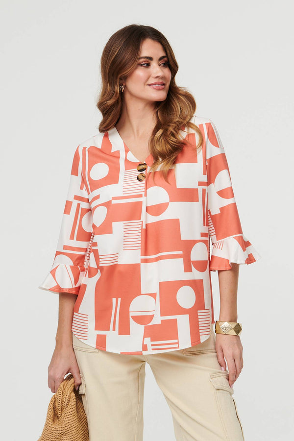 Orange | Geo Print 3/4 Flared Sleeve Blouse