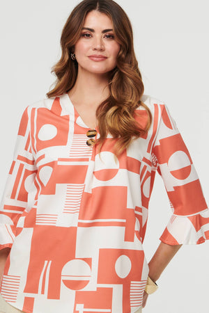Orange | Geo Print 3/4 Flared Sleeve Blouse